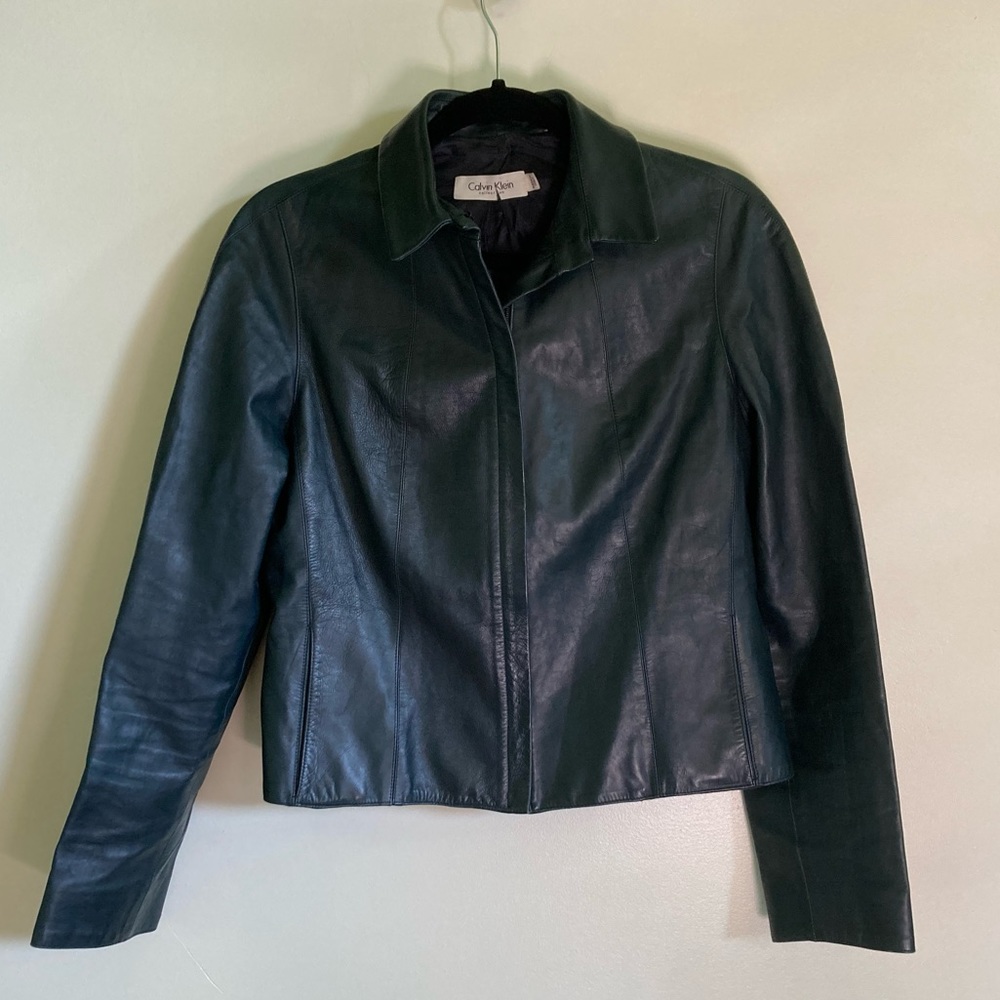 Vintage Calvin Klein leather jacket blue black great condition small medium